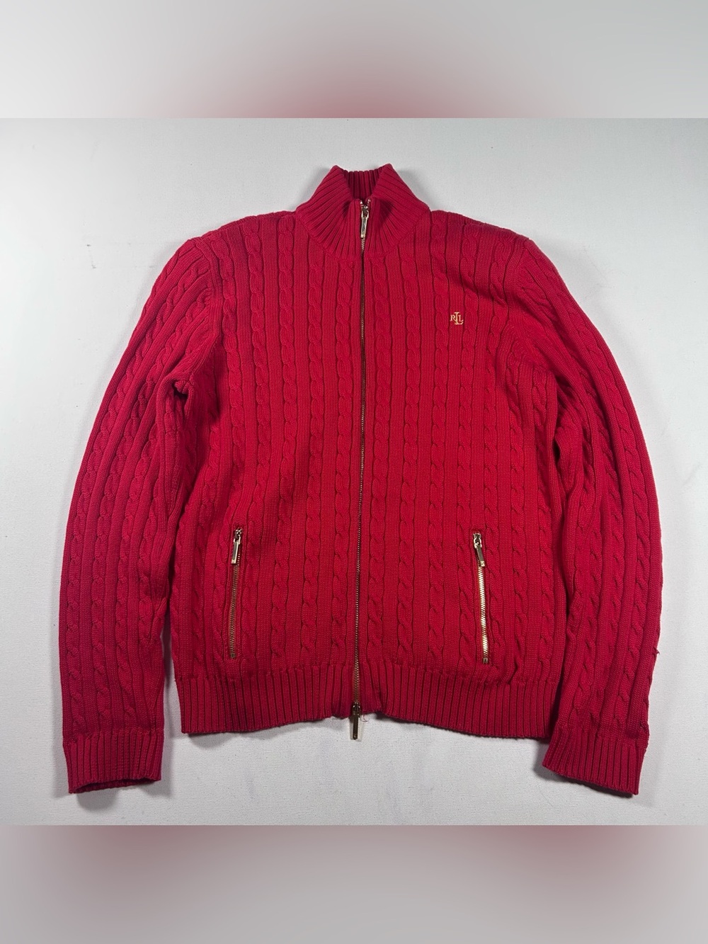 Lauren Ralph Lauren Sweater Women's Large Red Zip Up Cable Knit Cardigan Preppy